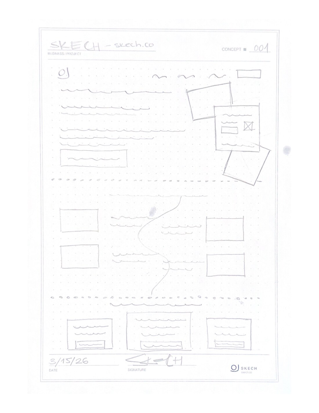 The original hand-drawn concept sheet for skech.co, concept 001, sketched 3.15.26